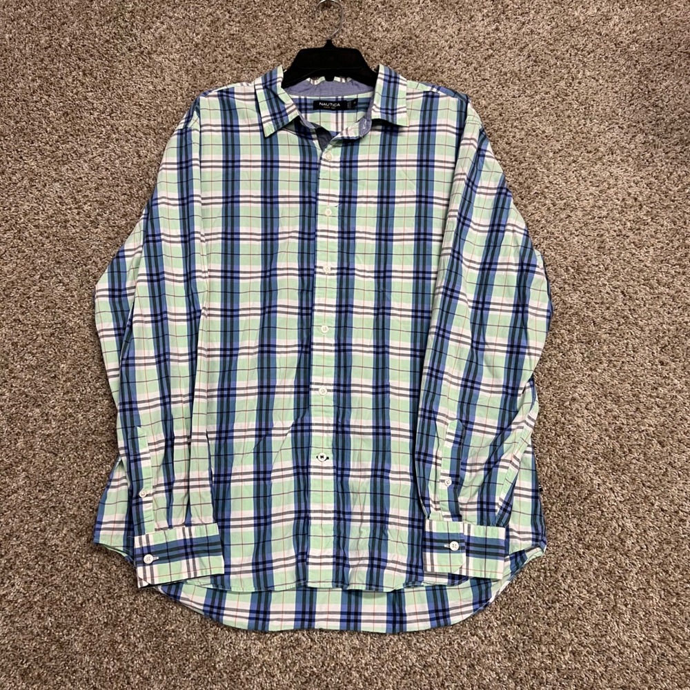 Nautica Mens XL Long Sleeve Button Down Shirt Plaid Blue Green 100% Cotton